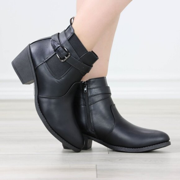 Womens Ankle Boots Low Block Heel Brown Synthetic Leather Pointed Toe Buckles - Picture 9 of 11